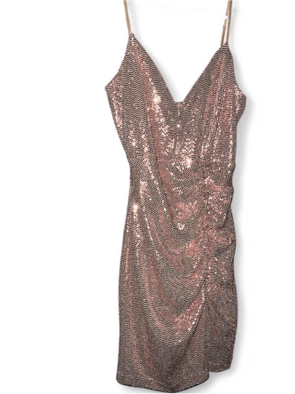 Emerald Sundae Women’s Rose Gold Metallic Sequin Ruched Cocktail Mini Dress L